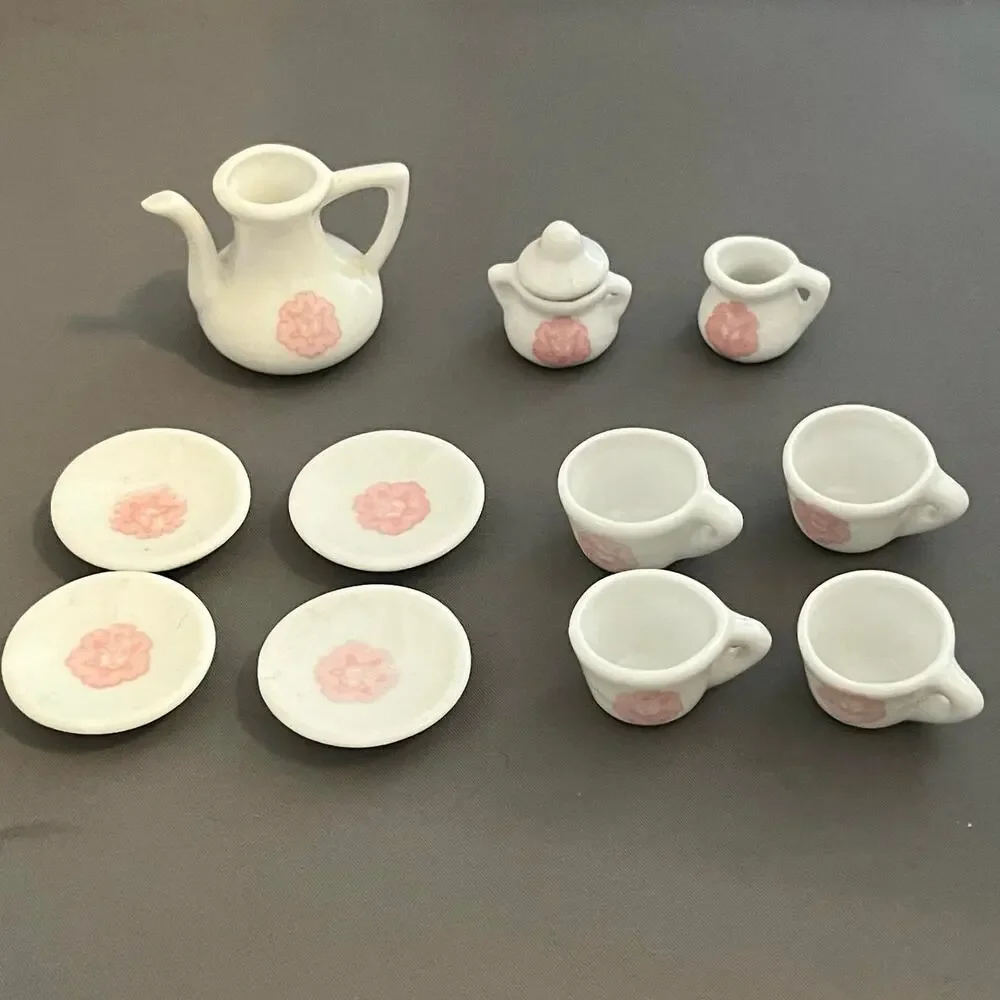 Dollhouse Accessories White Pink Floral‎ Tea Set Cups Plates Sugar Creamer Pot